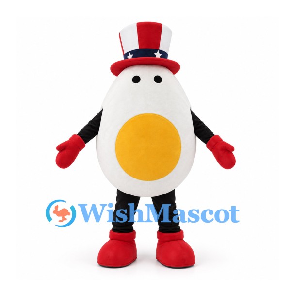 Egg Mascot Costume in White with Yellow Center and Red Striped Top Hat