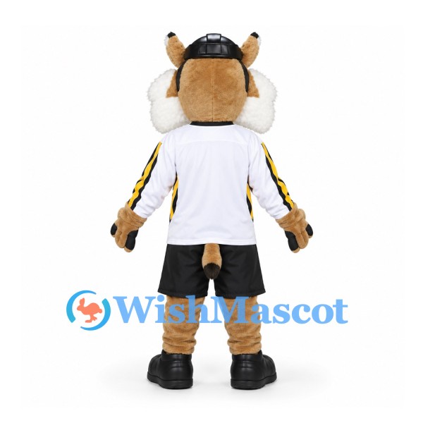Lynx Mascot Costume in Tan with White Sports Shirt Black Shorts and Cap