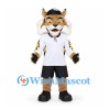 Lynx Mascot Costume in Tan with White Sports Shirt Black Shorts and Cap