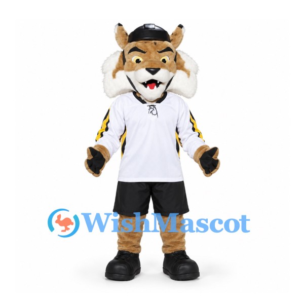 Lynx Mascot Costume in Tan with White Sports Shirt Black Shorts and Cap