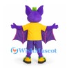 Bat Mascot Costume in Purple with Yellow Sports Shirt and Spread Wings