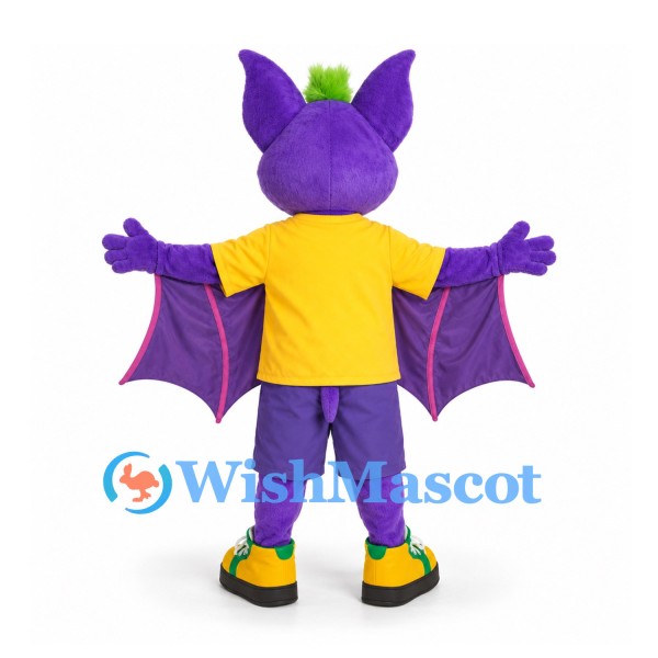 Bat Mascot Costume in Purple with Yellow Sports Shirt and Spread Wings