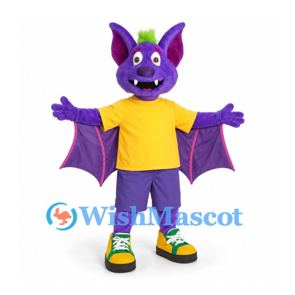 Bat Mascot Costume in Purple with Yellow Sports Shirt and Spread Wings