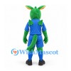 Dragon Mascot Costume in Green with Blue Sports Uniform and White Tusks