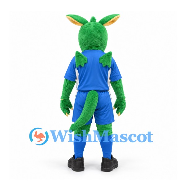 Dragon Mascot Costume in Green with Blue Sports Uniform and White Tusks