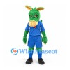 Dragon Mascot Costume in Green with Blue Sports Uniform and White Tusks