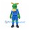 Dragon Mascot Costume in Green with Blue Sports Uniform and White Tusks