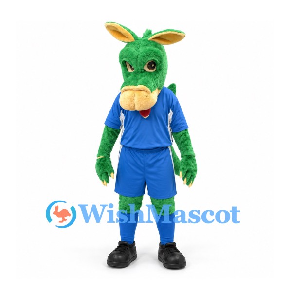 Dragon Mascot Costume in Green with Blue Sports Uniform and White Tusks