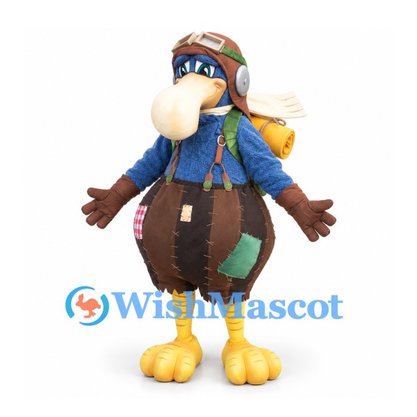 Vulture Mascot Costume in Brown with Aviator Hat and Hiking Backpack