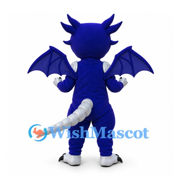 Dragon Mascot Costume in Royal Blue with White Belly Horns and Wings