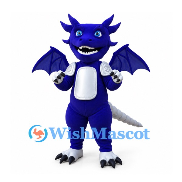 Dragon Mascot Costume in Royal Blue with White Belly Horns and Wings