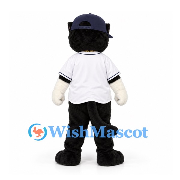 Cat Mascot Costume in Black and White with Baseball Jersey and Navy Cap