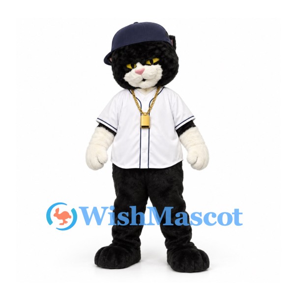 Cat Mascot Costume in Black and White with Baseball Jersey and Navy Cap