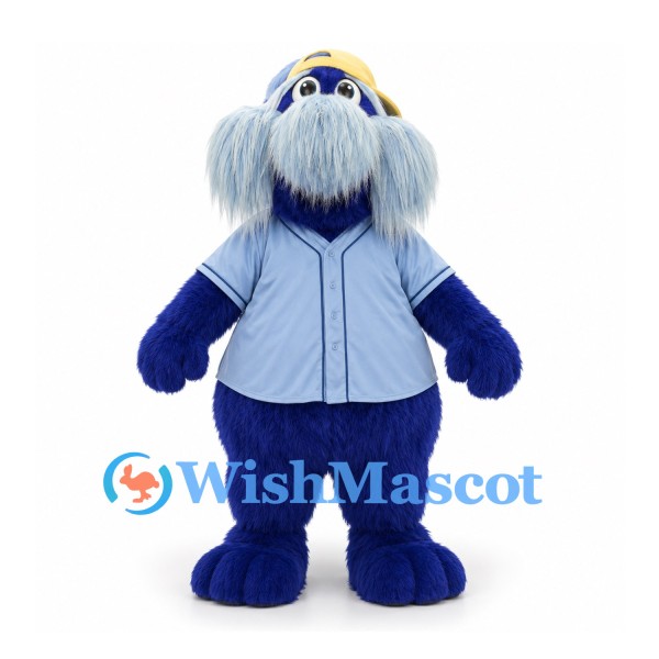 Seal Mascot Costume in Navy with Long Gray Whiskers and Blue Baseball Jersey