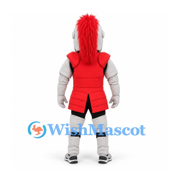 Knight Mascot Costume in Gray Armor with Red Tabard and Plumed Helmet