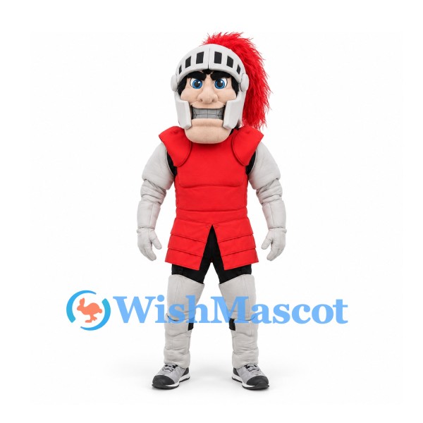 Knight Mascot Costume in Gray Armor with Red Tabard and Plumed Helmet