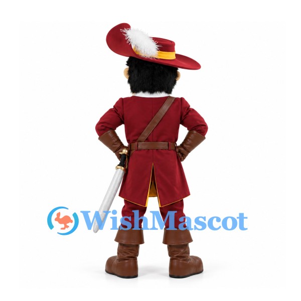 Musketeer Mascot Costume in Burgundy with Mustache Yellow Vest and Sword