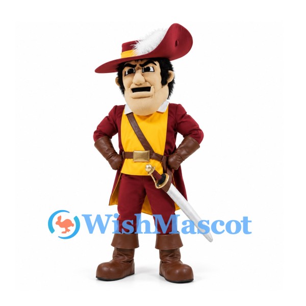 Musketeer Mascot Costume in Burgundy with Mustache Yellow Vest and Sword