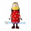 Girl Mascot Costume with Long Black Hair and Red Polka Dot Dress