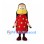 Girl Mascot Costume with Long Black Hair and Red Polka Dot Dress