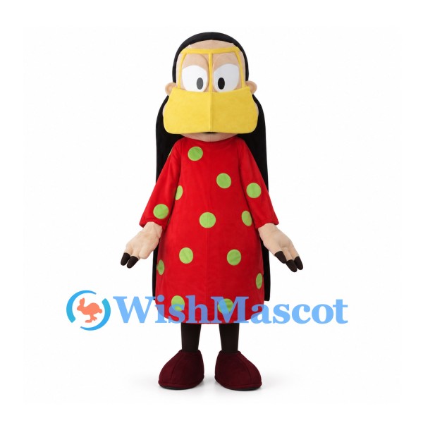Girl Mascot Costume with Long Black Hair and Red Polka Dot Dress