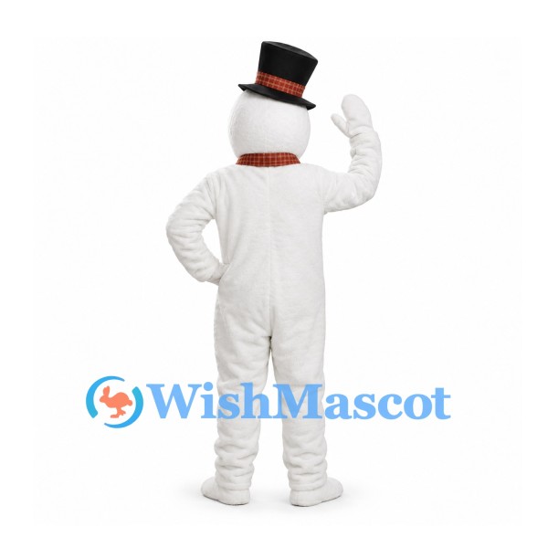 Snowman Mascot Costume in White with Black Top Hat and Plaid Scarf