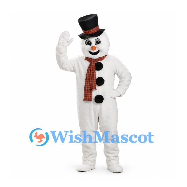 Snowman Mascot Costume in White with Black Top Hat and Plaid Scarf