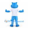 Cat Mascot Costume in Blue with White Shirt and Blue Sports Shorts