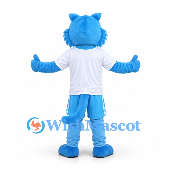 Cat Mascot Costume in Blue with White Shirt and Blue Sports Shorts