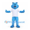 Cat Mascot Costume in Blue with White Shirt and Blue Sports Shorts