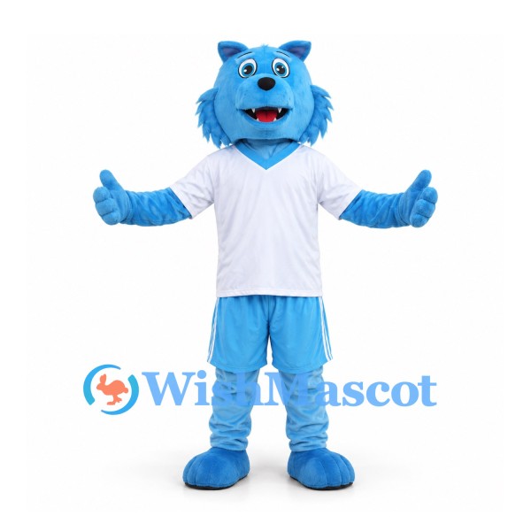 Cat Mascot Costume in Blue with White Shirt and Blue Sports Shorts