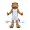 Lion Mascot Costume in Tan with White Basketball Uniform and Blue Trim