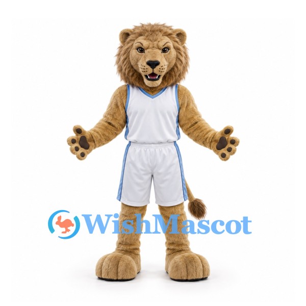 Lion Mascot Costume in Tan with White Basketball Uniform and Blue Trim