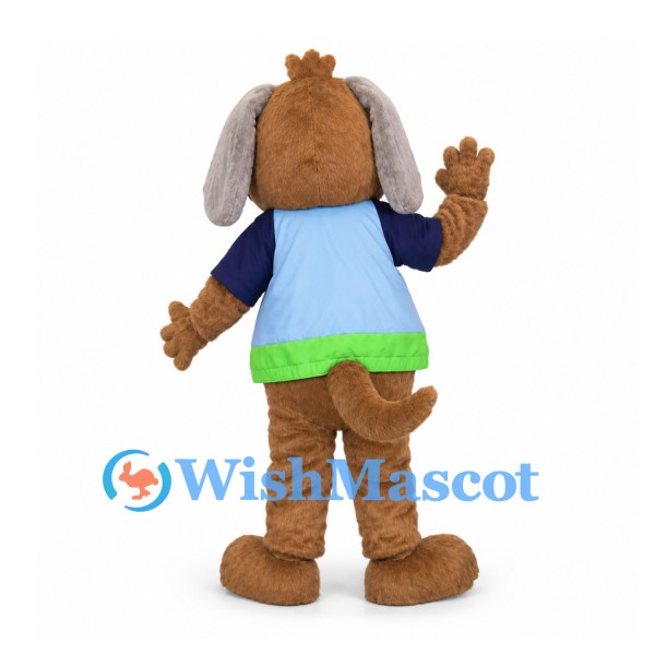 Dog Mascot Costume in Brown with Blue and Green Shirt and Gray Floppy Ears