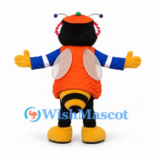 Bee Mascot Costume in Orange Pumpkin Shirt with Blue Sleeves