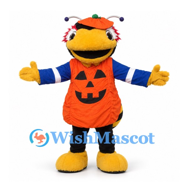 Bee Mascot Costume in Orange Pumpkin Shirt with Blue Sleeves