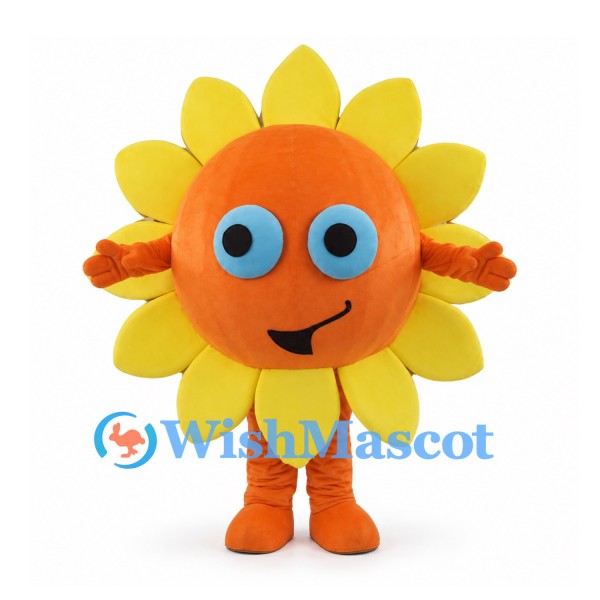 Sunflower Mascot Costume in Orange with Yellow Petals and Blue Eyes