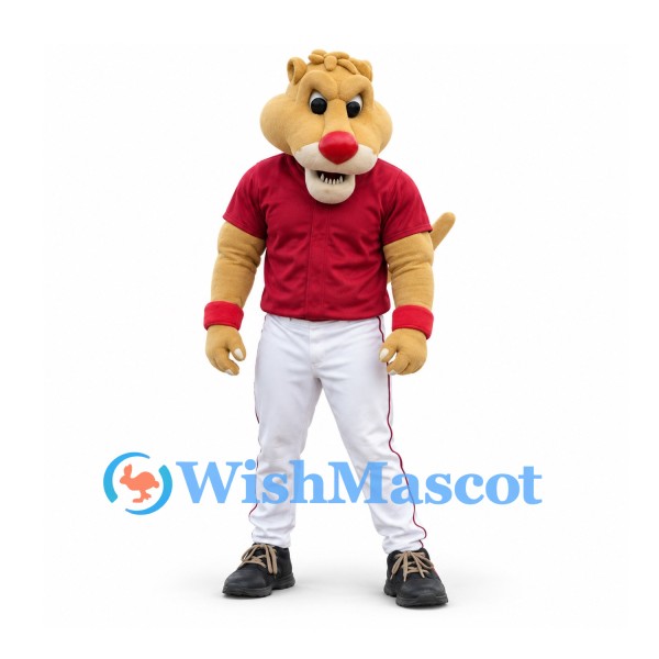 Cougar Mascot Costume in Tan with Red Shirt White Trousers and Red Nose