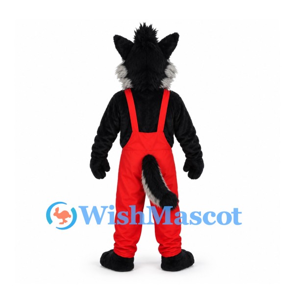 Wolf Mascot Costume in Black and Gray with Red Overalls