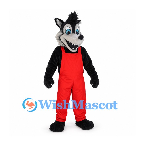 Wolf Mascot Costume in Black and Gray with Red Overalls