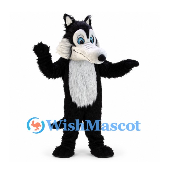 Wolf Mascot Costume in Black and White with Large Blue Eyes