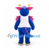 Dragon Mascot Costume in Blue with Pink Wings White Sports Shirt and Star Antennae