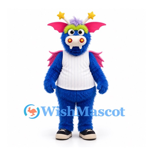 Dragon Mascot Costume in Blue with Pink Wings White Sports Shirt and Star Antennae