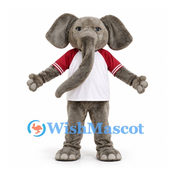Elephant Mascot Costume in Gray with White Shirt and Burgundy Sleeves