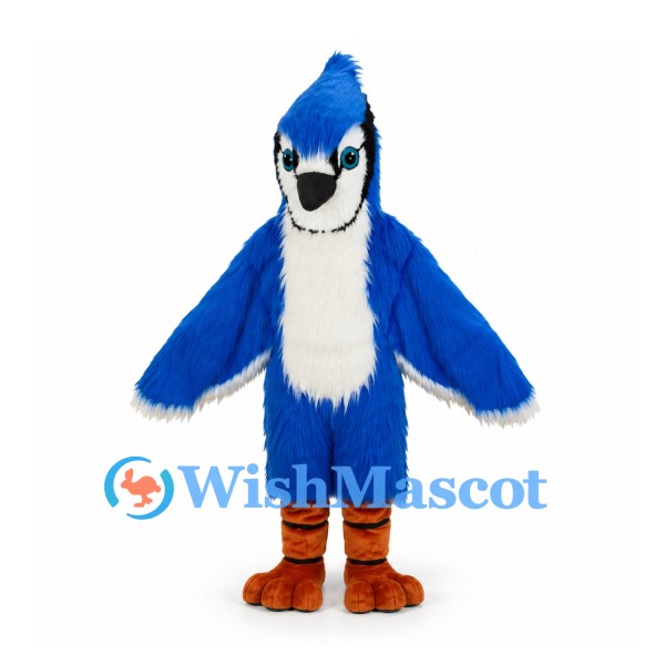 Blue Jay Mascot Costume in Blue with White Face and Orange Feet