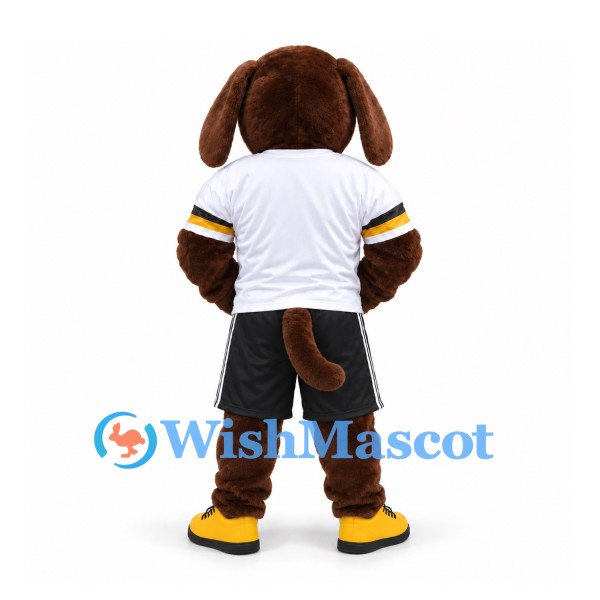 Dog Mascot Costume in Brown with White Sports Shirt and Black Shorts