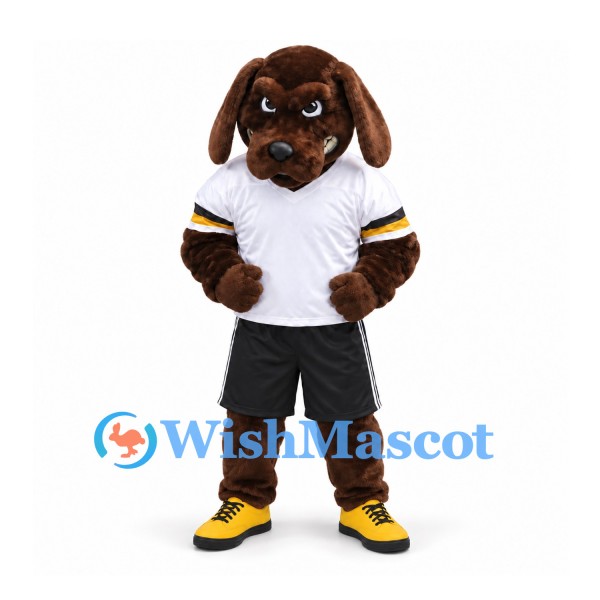 Dog Mascot Costume in Brown with White Sports Shirt and Black Shorts