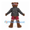 Bear Mascot Costume in Brown with Black Jacket Burgundy Sports Shorts and Headband
