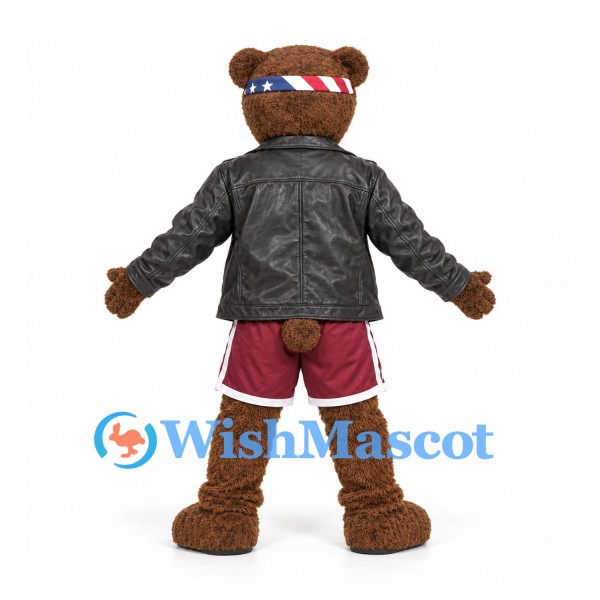 Bear Mascot Costume in Brown with Black Jacket Burgundy Sports Shorts and Headband