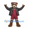 Bear Mascot Costume in Brown with Black Jacket Burgundy Sports Shorts and Headband
